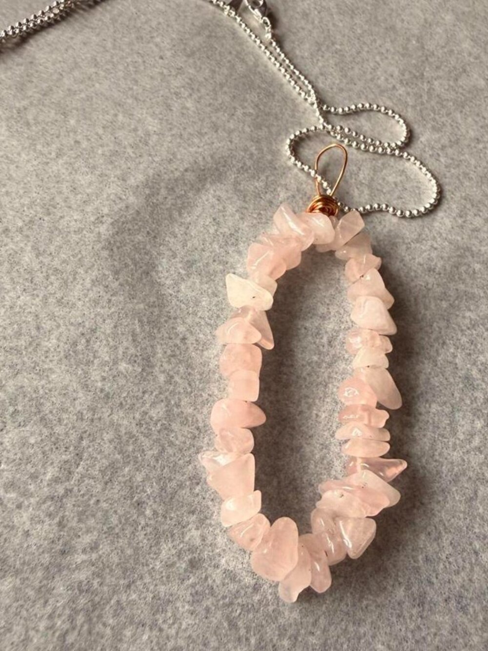 Rose Quartz Gemstone Chip Pendant Necklace Pink Crystal Boho Silver Tone
